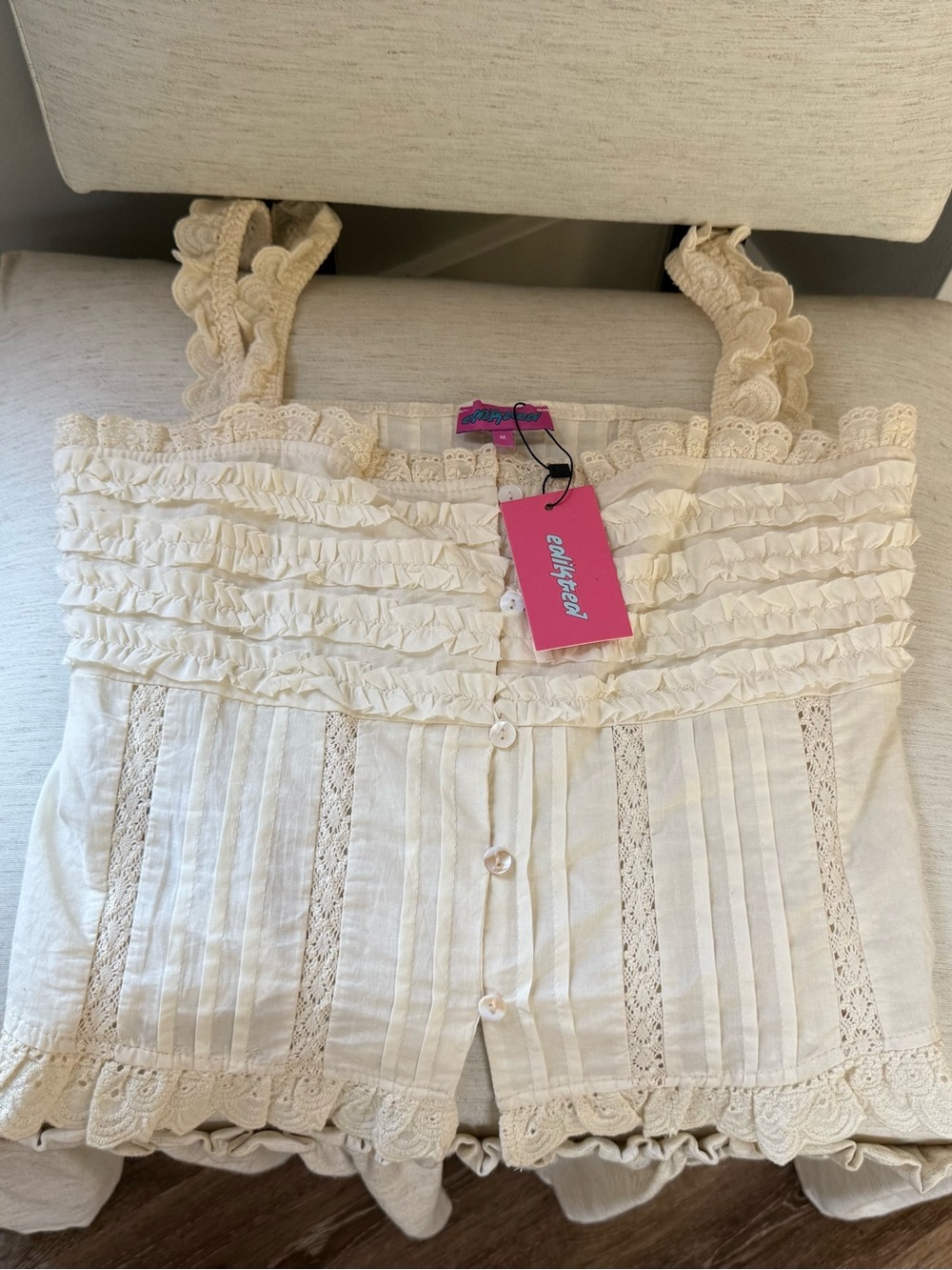 Edikted Cream Ruffle Lace-Trim Tank - Picture 2 of 9